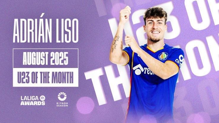 九游体育平台-3场攻入3球，赫塔费前锋利索当选西甲8月最佳U23球员